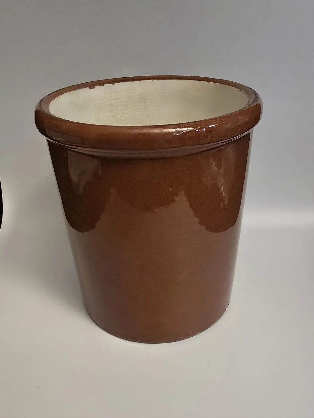 Vintage Brown Stoneware Utensil Crock - Brown and White